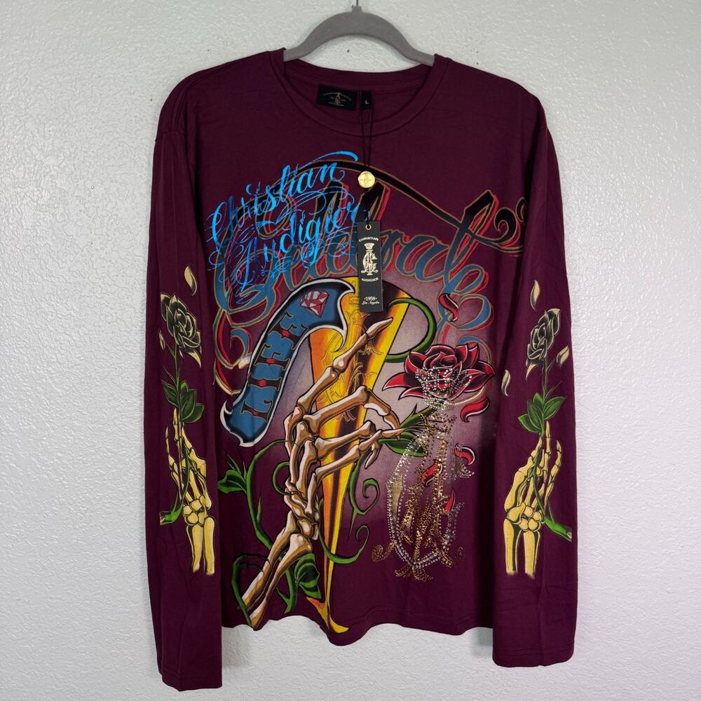 Christian Audigier Y2K Shirt Mens Large Celebrate Life Skull Rhinestone Tattoo L